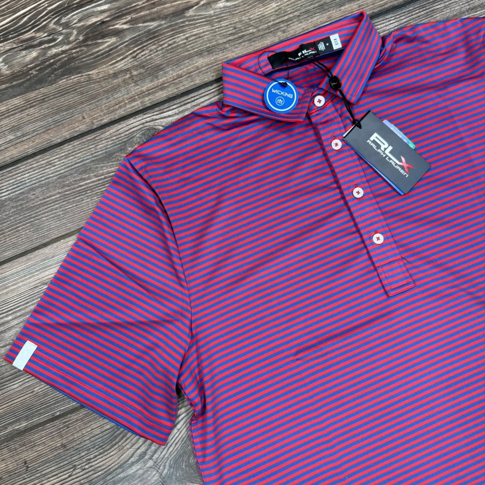 RLX Ralph Lauren Mens Size Medium Golf Polo Shirt Red Blue Striped Wicking New